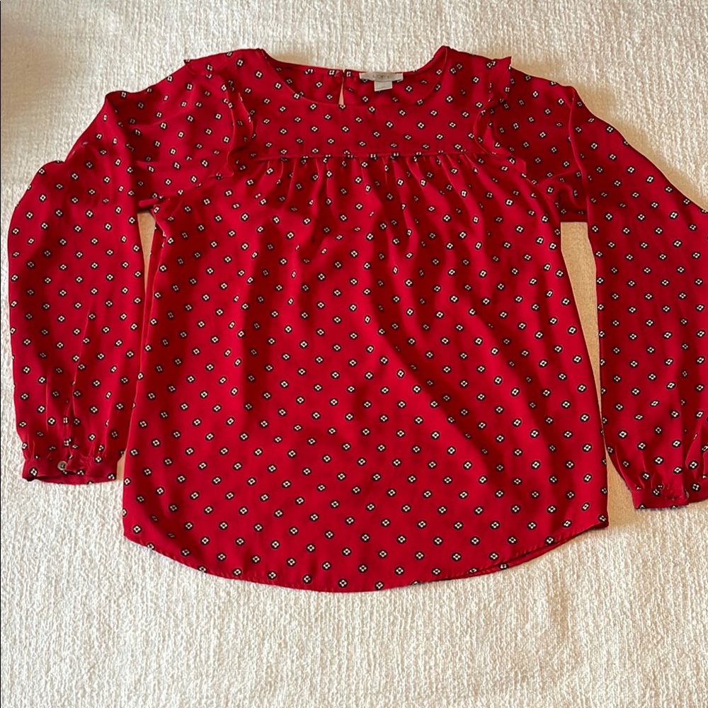 LOFT Vibrant Red Blouse with Geometric Accents